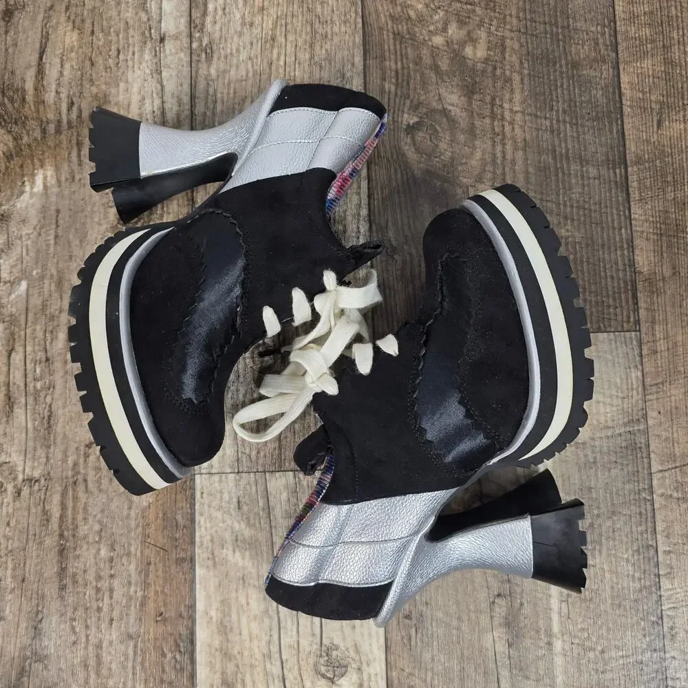 Irregular Choice Winner Takes It All Platform Heels Black Silver Lace Up 38